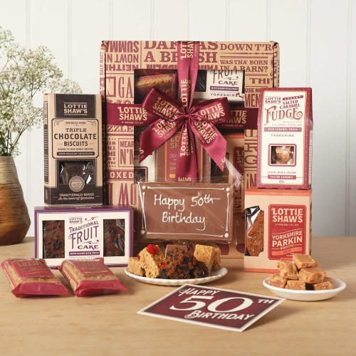 Lottie Shaw's Happy 50th Luxury Hamper - Yorkshire bakes and chocolate treats with a hand-piped iced biscuit