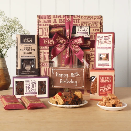Lottie Shaw's Happy 80th Luxury Hamper - Yorkshire bakes and chocolate treats with a hand-piped iced biscuit
