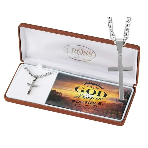 Dicksons with God All Things Matthew 19:26 Stainless Steel 24 inch Chain and Cro