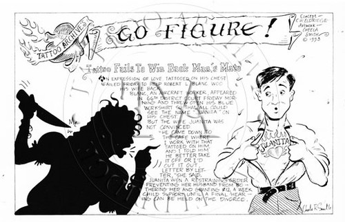 Illustration by Cheela Smith of a 1940s news article of tattoo love gone bad.
3 x 5