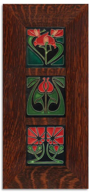 Framed Triple Red Flowers Tile Set  by Motawi