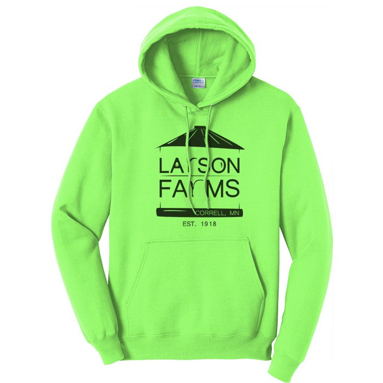 Neon Green Larson Farms Logo Hoodie Farm Focused