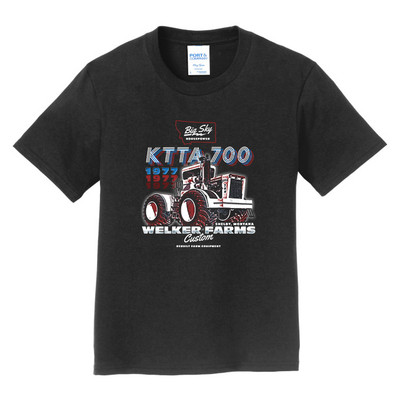 Kids size Black tee with KTTA 700 tractor design in red white and blue printed on the front. Kids size Black tee with KTTA 700 tractor design in red white and blue printed on the front.