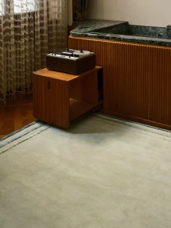 Arc rug in Spruce, styled vignette with a vintage reel-to-reel cabinet unit