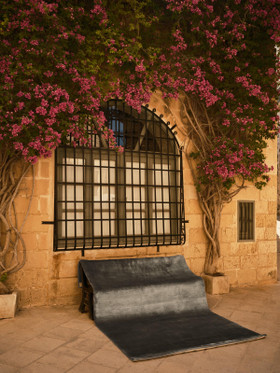 Mohair Sheared rug in Aegean, outdoor editorial shot beside a garden window