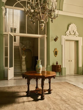 The Rug Company Caliche Silk rug, Olive colourway, handknotted pure silk, in a designer interior