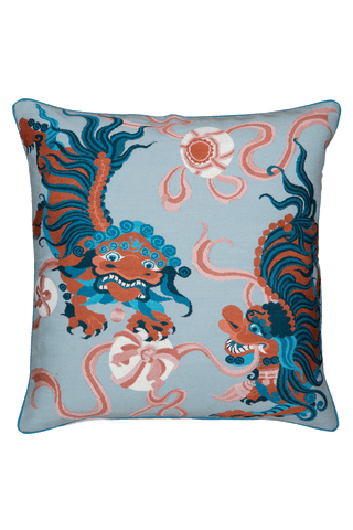 Lion Dance Blue Cushion by Guo Pei flatshot