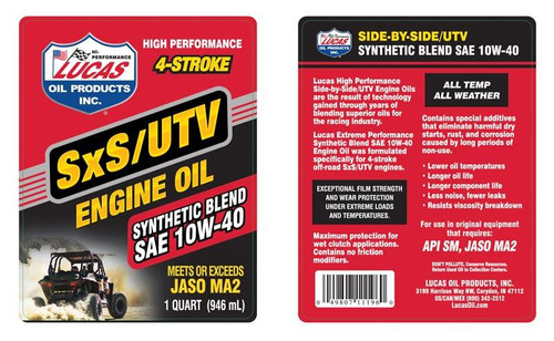  Lucas Oil Synthetic Blend 4 Stroke Sxs 10W-40 Engine Oil - 1 Quart 