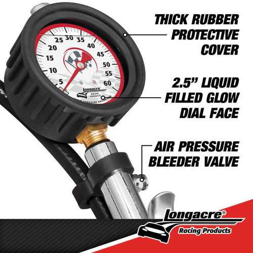 Longacre Liquid Filled 2-1/2" Gid Tire Gauge - 0-60Psi Longacre Liquid Filled 2-1/2" Gid Tire Gauge - 0-60Psi