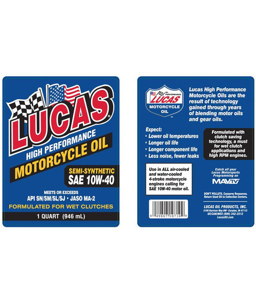  Lucas Oil High Performance 10W-40 Semi-Synthetic Motorcycle Oil - 1 Quart 