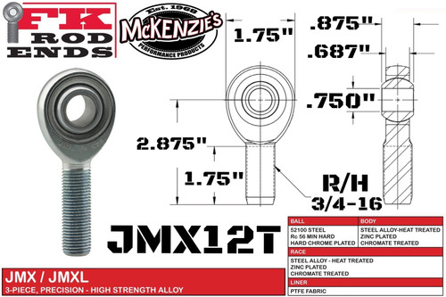 Fk Rod Ends Rod End 3/4 X 3/4-16 Rh Male W/Teflon Liner