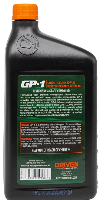 Driven Racing Oil Gp-1 20W-50 Synthetic Blend High Performance Oil - 1 Quart   Driven Racing Oil Gp-1 20W-50 Synthetic Blend High Performance Oil - 1 Quart
