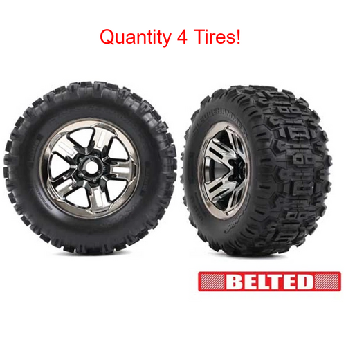 Traxxas 9573A Belted Sledgehammer Tires & Wheels Black Chrome Sledge QTY 4