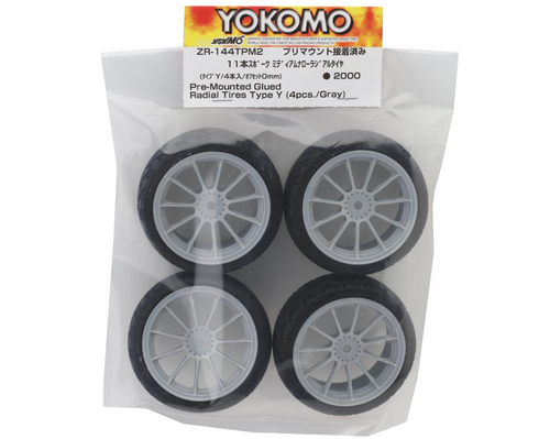 Yokomo Type Y Radial Pre-Mounted On-Road Tires Grey Set Of 4 (YOKZR-144TPM2)