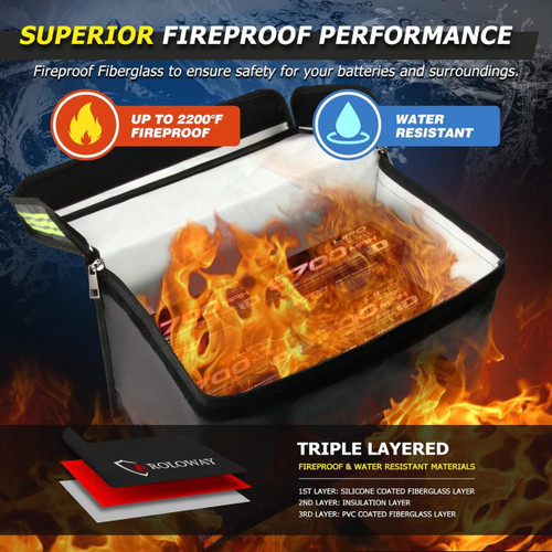 ROLOWAY Lipo Battery Bag (15 x 8.5 x 10 inch), Large Fireproof Lipo Ebike Bag