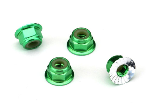 Traxxas 4mm Aluminum Flanged Serrated Nuts Green Set 4 1747G - RC Wheel Hardware