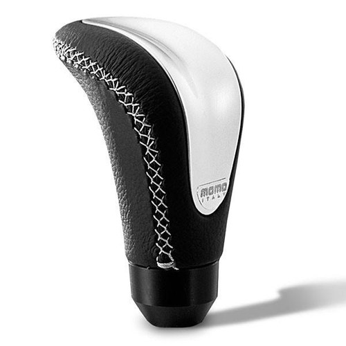  Momo Combat Evo Shift Knob - Black Leather Silver Insert 