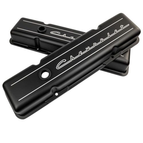 BILLET SPECIALTIES Billet Specialties Small Block Chevy Script Short Black Valve Covers 