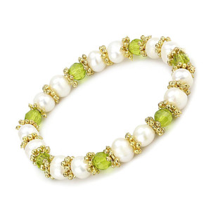 LO4656 - Antique Silver White Metal Bracelet with Synthetic Pearl in Peridot LO4656 - Antique Silver White Metal Bracelet with Synthetic Pearl in Peridot
