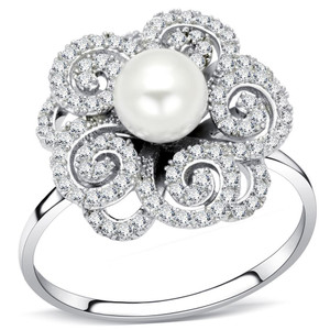 TS070 - Rhodium 925 Sterling Silver Ring with Synthetic Pearl in White TS070 - Rhodium 925 Sterling Silver Ring with Synthetic Pearl in White