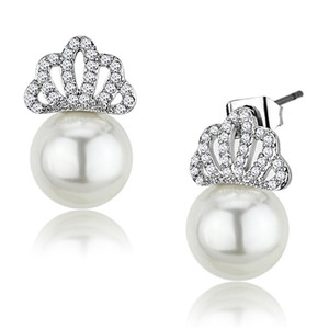 3W383 - Rhodium Brass Earrings with Synthetic Pearl in White 3W383 - Rhodium Brass Earrings with Synthetic Pearl in White