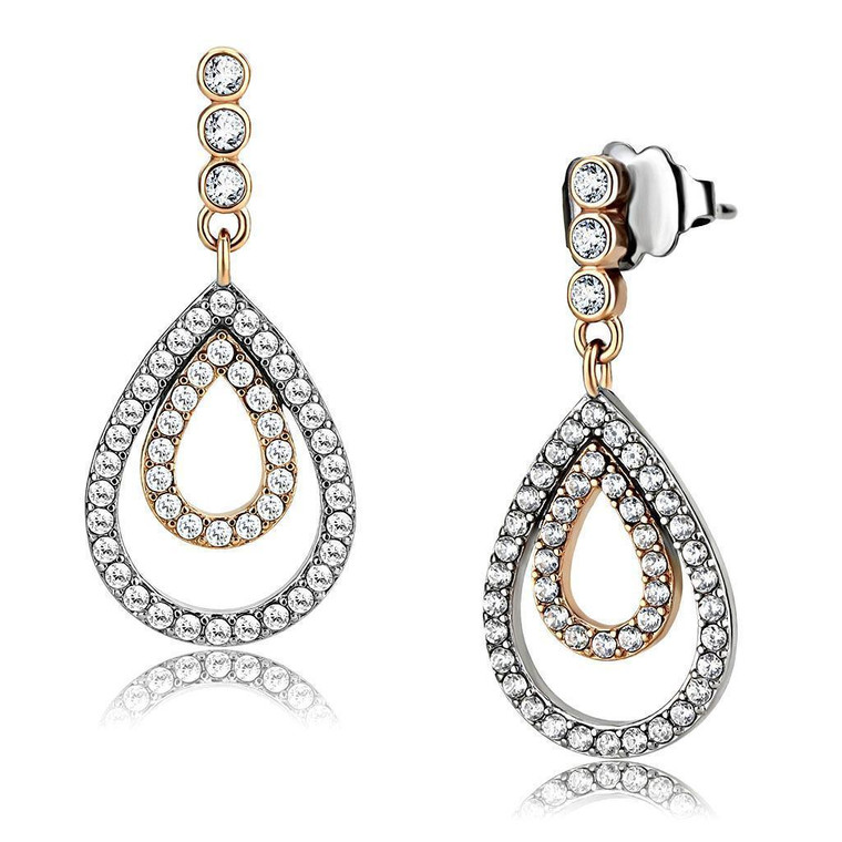 DA227 - Two-Tone IP Rose Gold Stainless Steel Earrings with AAA Grade CZ in Clear