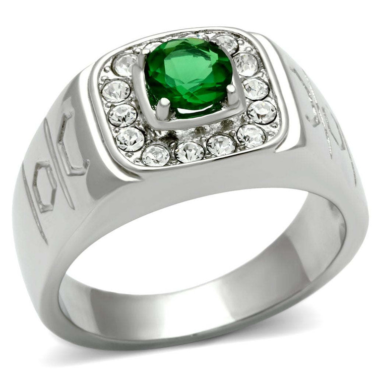 TK496 - High polished (no plating) Stainless Steel Ring with Synthetic Glass in Emerald