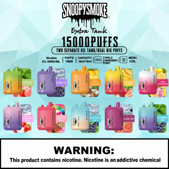 SNOOPY SMOKE EXTRA TANK 15000 PUFFS 2 X 18ML MESH COIL RECHARGEABLE DISPOSABLE DEVICE