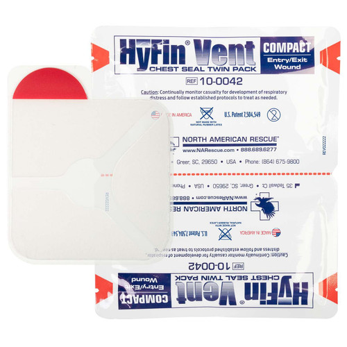 HyFin® Vent Compact Chest Seal Twin Pack: Reliable emergency chest seals for treating penetrating chest wounds, featuring advanced vent technology for optimal air release and a compact design for easy storage and deployment.