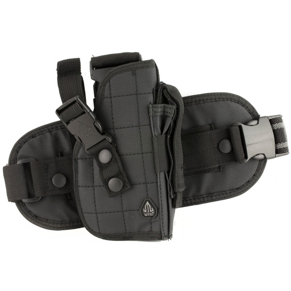 Here's a description (image alt text) for your UTG Universal Leg Holster RH: "UTG Universal Right-Handed Leg Holster, versatile and adjustable tactical holster designed for secure and comfortable firearm carry on the leg. Suitable for a wide range of handguns, featuring adjustable straps and quick-release buckles for optimal fit and accessibility.