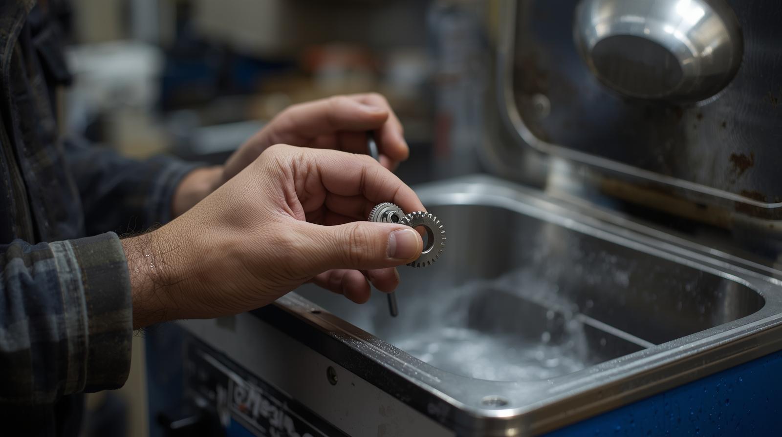 Metal worker using ultrasonic cleaning machine in a shop