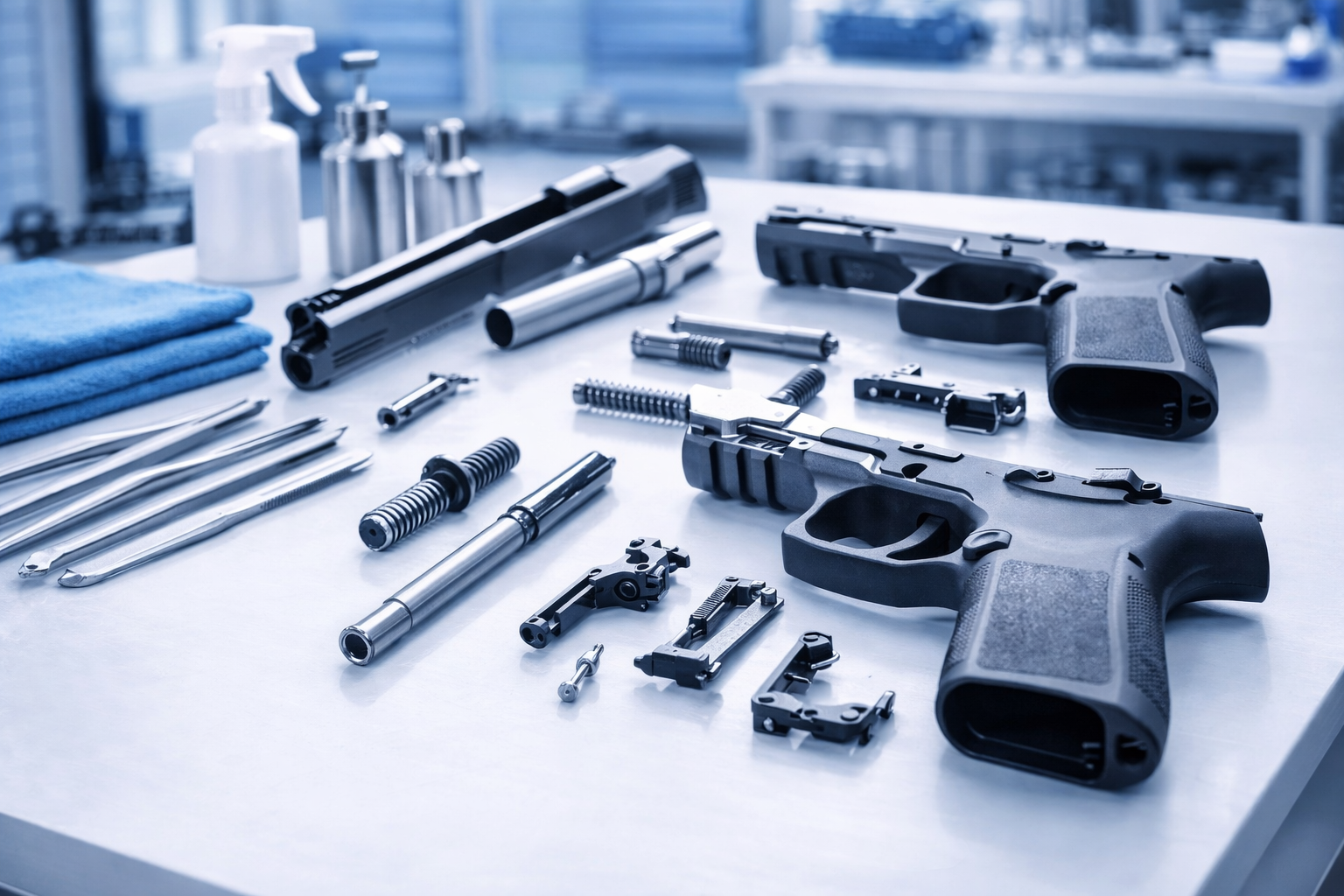 Firearm parts ready for cleaning