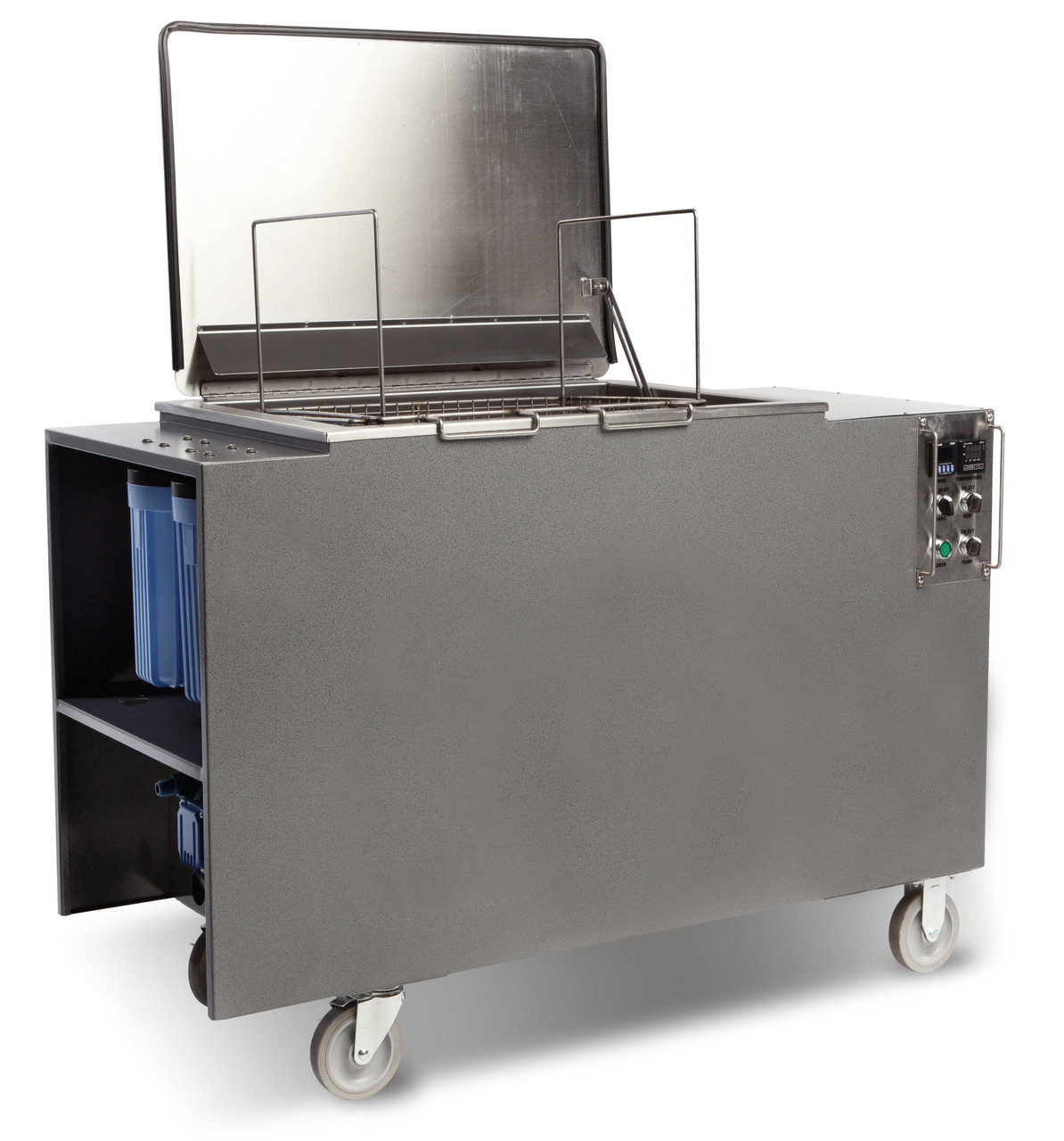Shiraclean 25-gallon industrial ultrasonic cleaner with lid open