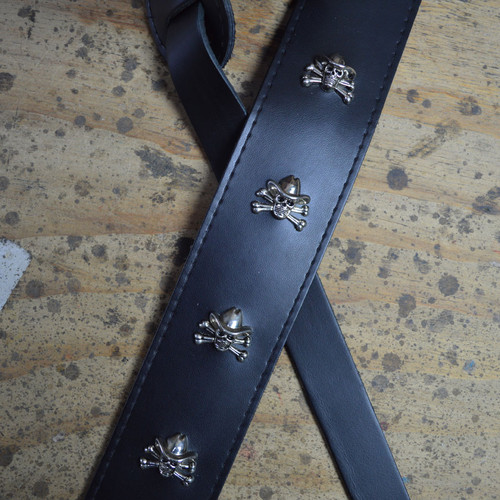 2.5" Black Leather with Skull and Hat Feature Guitar Strap