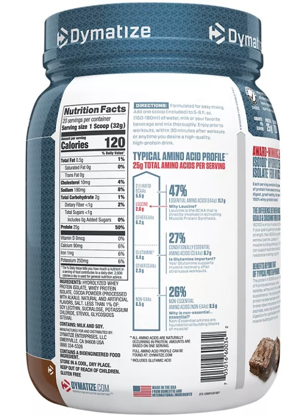 DYMATIZE ISO 100 HYDROLYZED 100 WHEY PROTEIN ISOLATE FUDGE BROWNIE, 20 SERVINGS HD Nutraceuticals