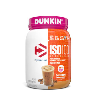 DYMATIZE ISO 100 HYDROLYZED 100% WHEY PROTEIN ISOLATE DUNKIN CAPPUCCINO, 20 SERVINGS DYMATIZE ISO 100 HYDROLYZED 100% WHEY PROTEIN ISOLATE DUNKIN CAPPUCCINO, 20 SERVINGS