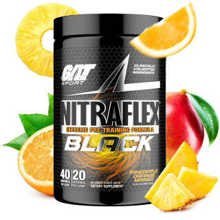 GAT SPORTS NITRAFLEX BLACK EXTREME PRE-TRAINING FORMULA PINEAPPLE ORANGE MANGO, 20/40 SERVINGS