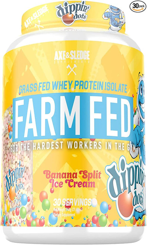 AXE & SLEDGE FARM FED GRASS FED WHEY PROTEIN ISOLATE DIPPIN' DOTS BANANA SPLIT ICE CREAM, 30 SERVINGS