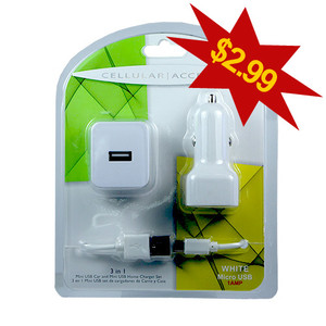 Cellular Accents 3 in 1 usb mini car and home chargers + micro usb data cable white