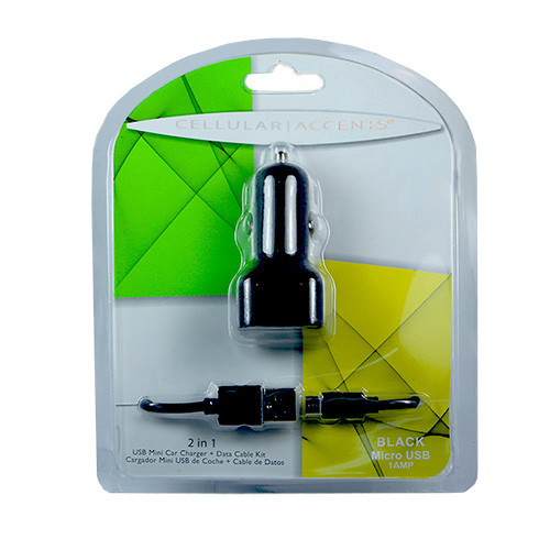 Cellular Accents 2 In 1 USB Mini Car Charger + Micro USB Data Cable; Black