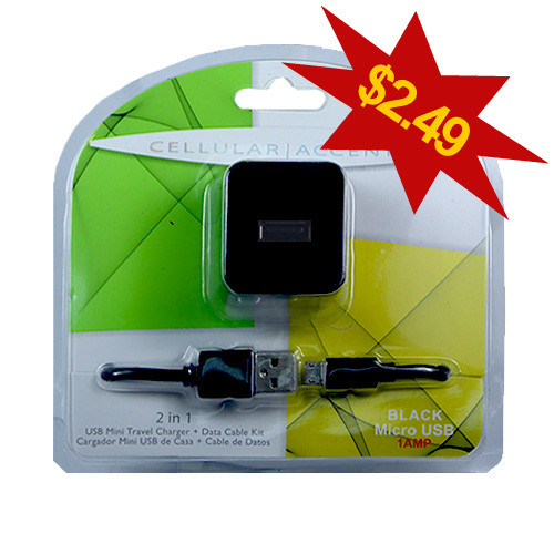 Cellular Accents 2 In 1 USB Mini Travel Charger + Micro USB Data Cable; Black