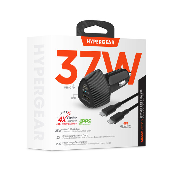 HyperGear SpeedBoost 25W USB-C PD Fast Car Charger | 4ft USB-C Cable | Black