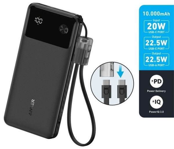 ANKER POWERCORE 10K MAH 22.5W POWER BANK W/USBC CABLE BLACK