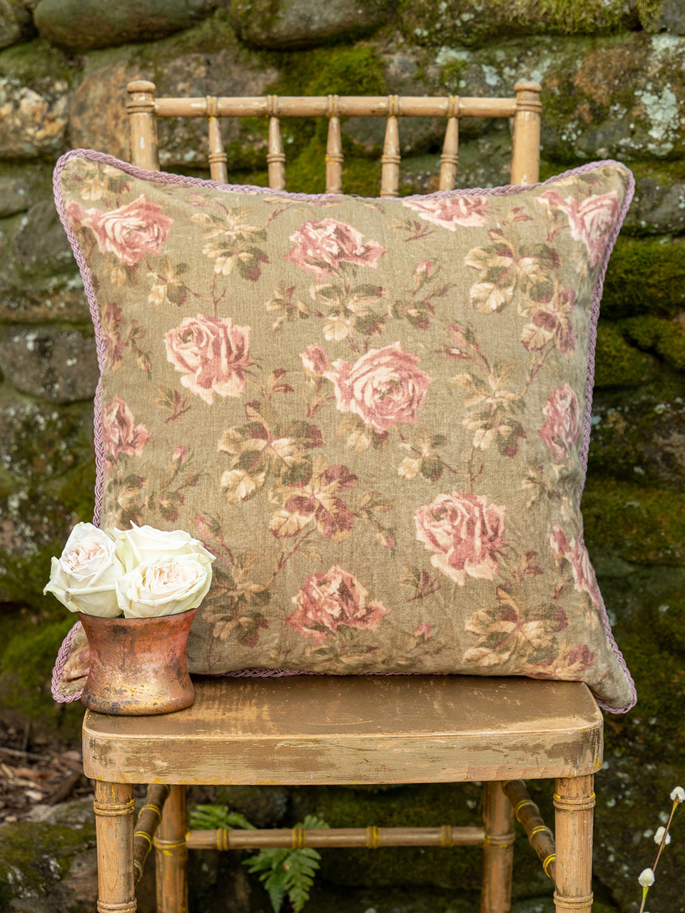 Vintage Rose Velvet Cushion Cover - Olive | Shop Beautiful Designs