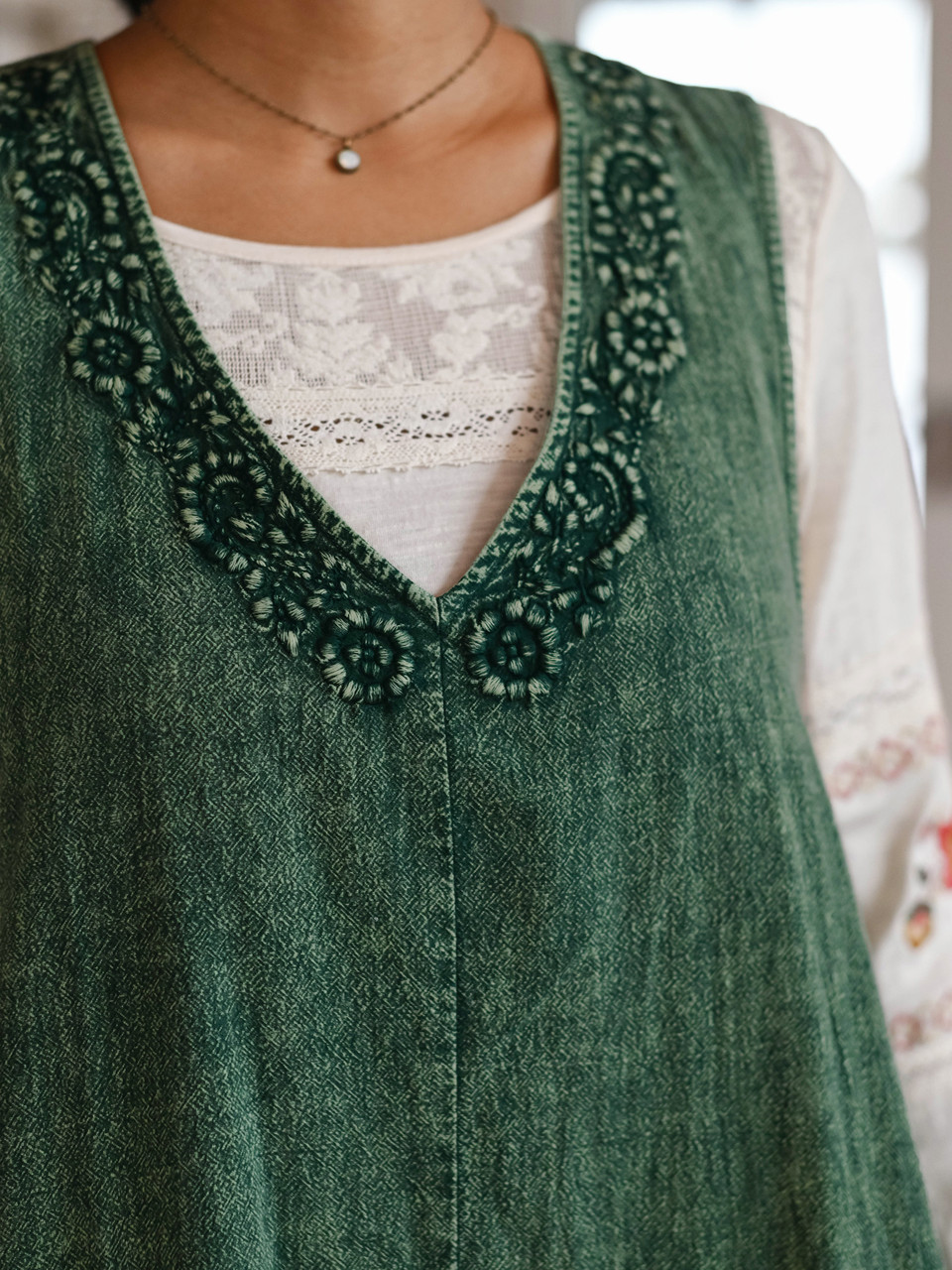 Angelica Pinafore Dress - Sunwashed Green | Shop Beautiful Designs