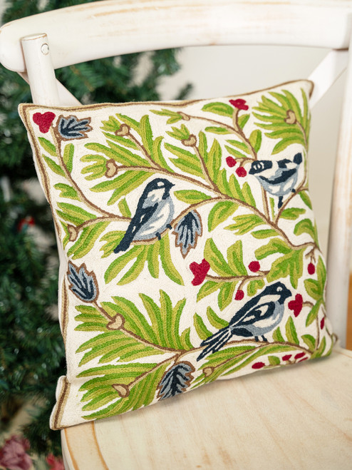 Chickadee Crewel Cushion Cover
