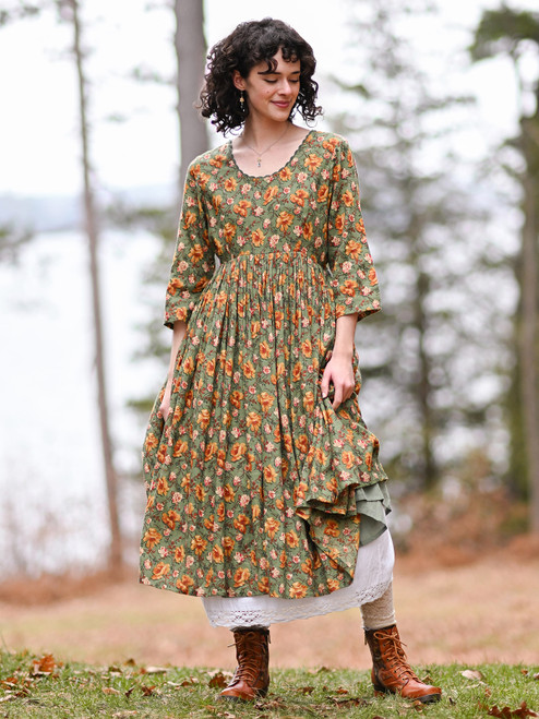 Golden Flower Dress - Sage