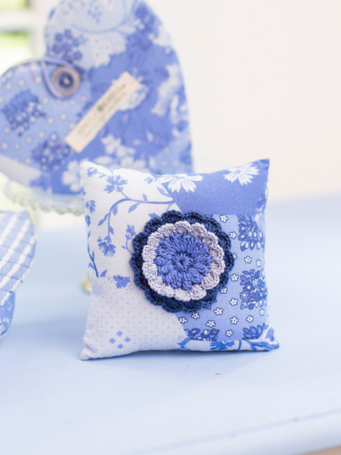 Porcelain Patchwork Crochet Flower Pin Cushion - Blue