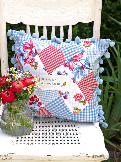 Flowers for your Heart Patchwork Cushion Cover - Red Blue