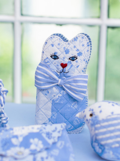 Porcelain Patchwork Sewing Kitty - Blue